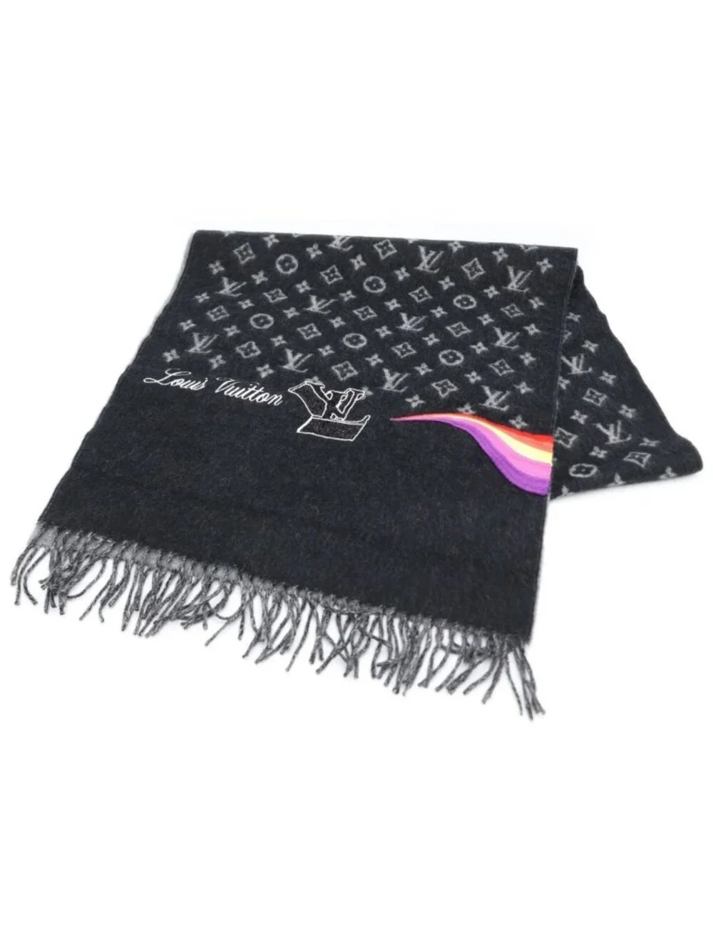Louis Vuitton Monogram Logo Embroidery LV Bead Decoration Cashmere Fringe Shawl
